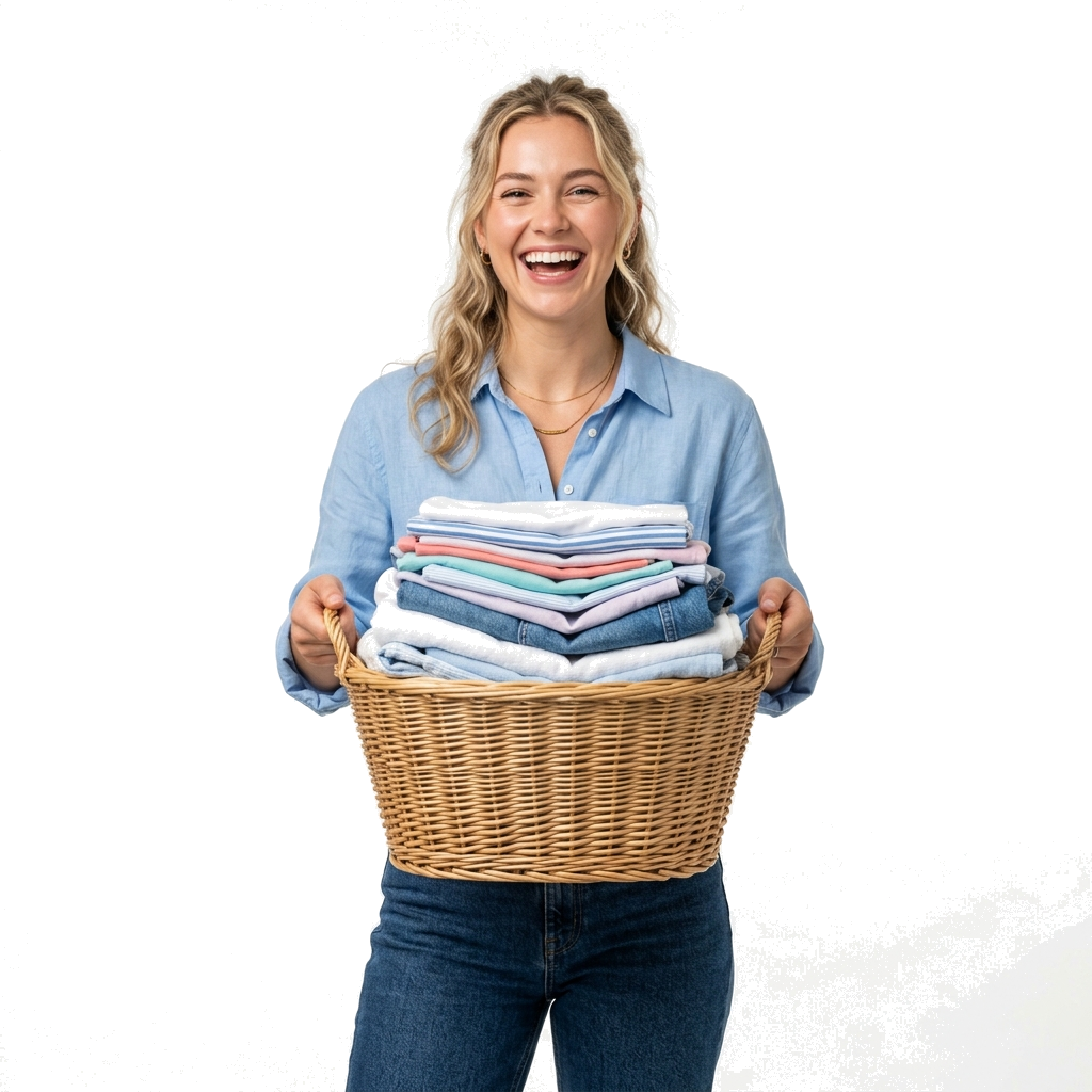 LaundriKart premium dry cleaning service - happy customer with fresh, crisp clothes in Noida